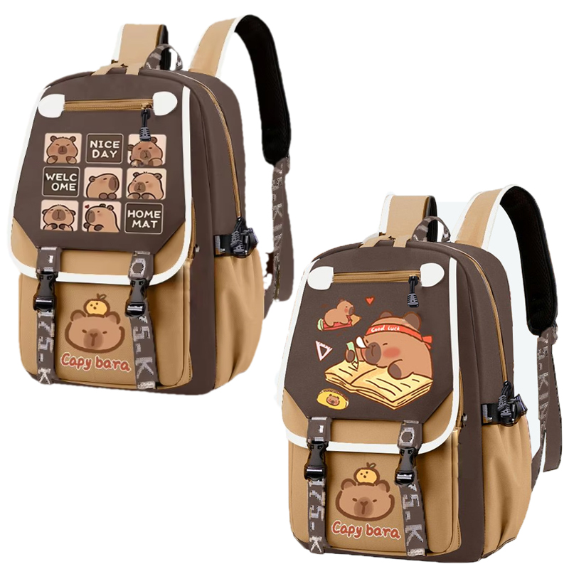 School Backpack Teen - Kawaii Capybara stylowy Khaki plecak dziecięcy