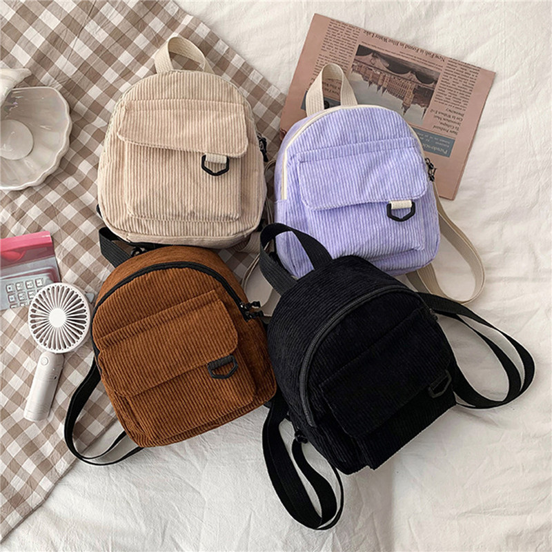 Fashion Backpack Women - Jednokolorowy mini plecak sztruksowe małe plecaki